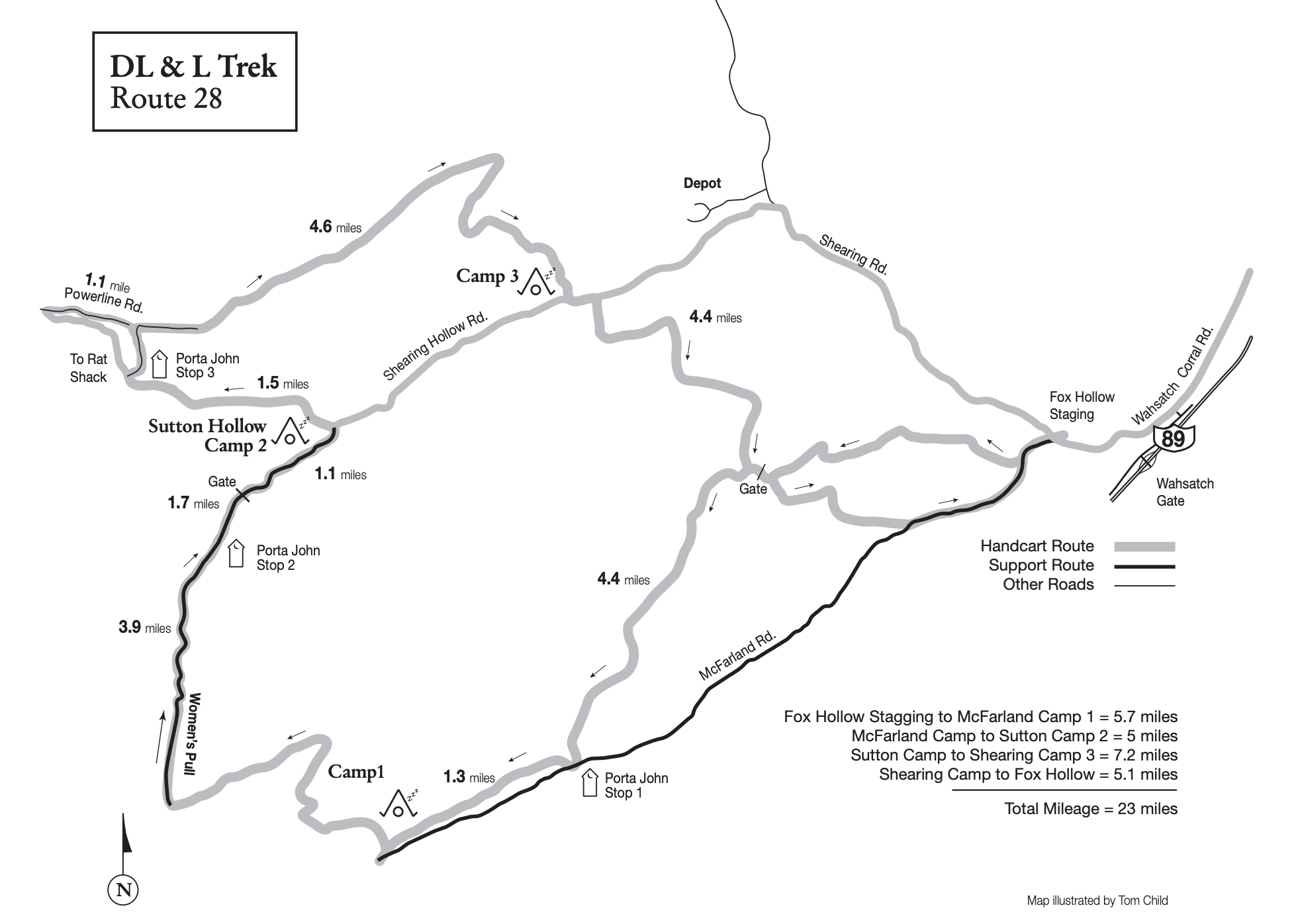 2026 trek route map — four camps across Deseret Land and Livestock, totaling 23 miles