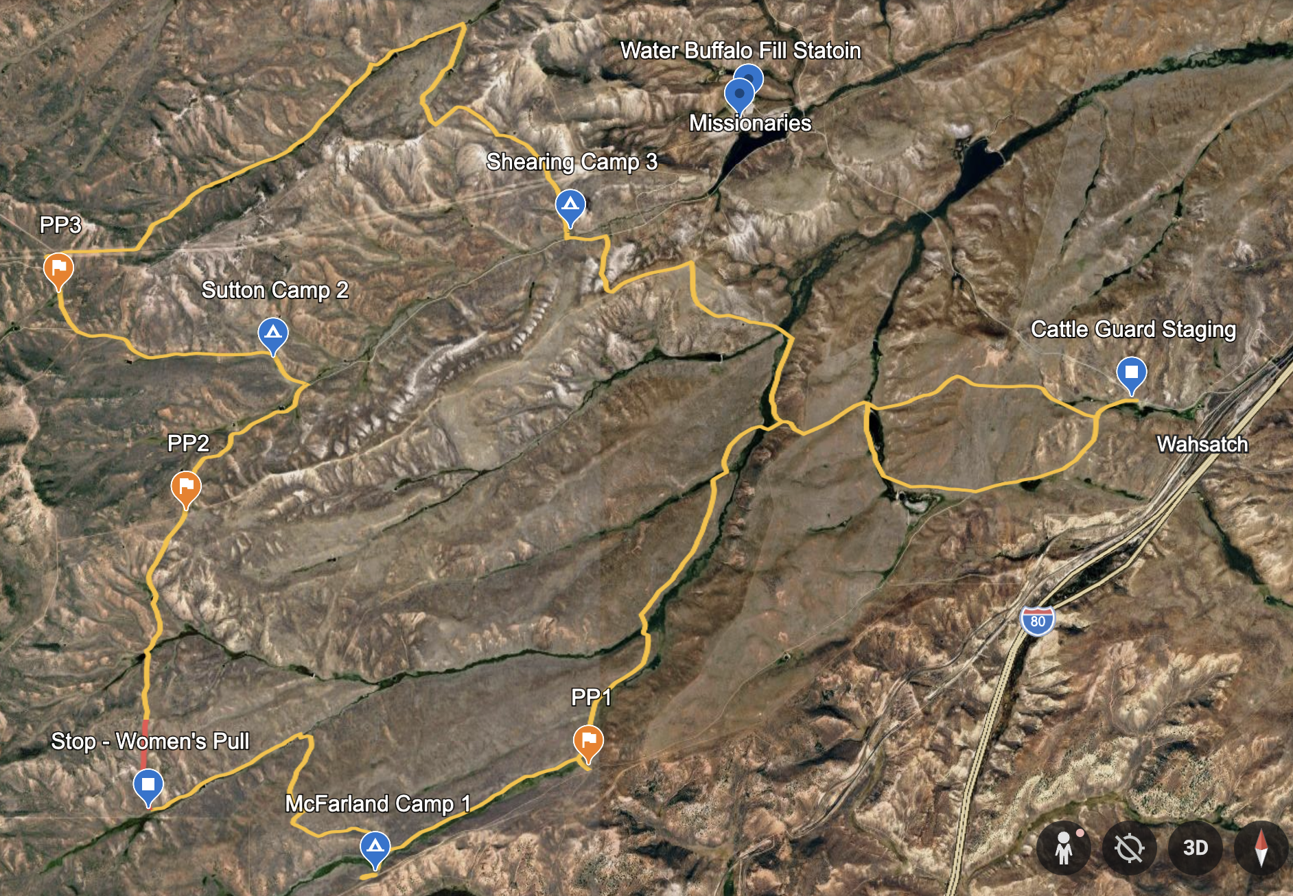 2026 trek route map — four camps across Deseret Land and Livestock, totaling 23 miles